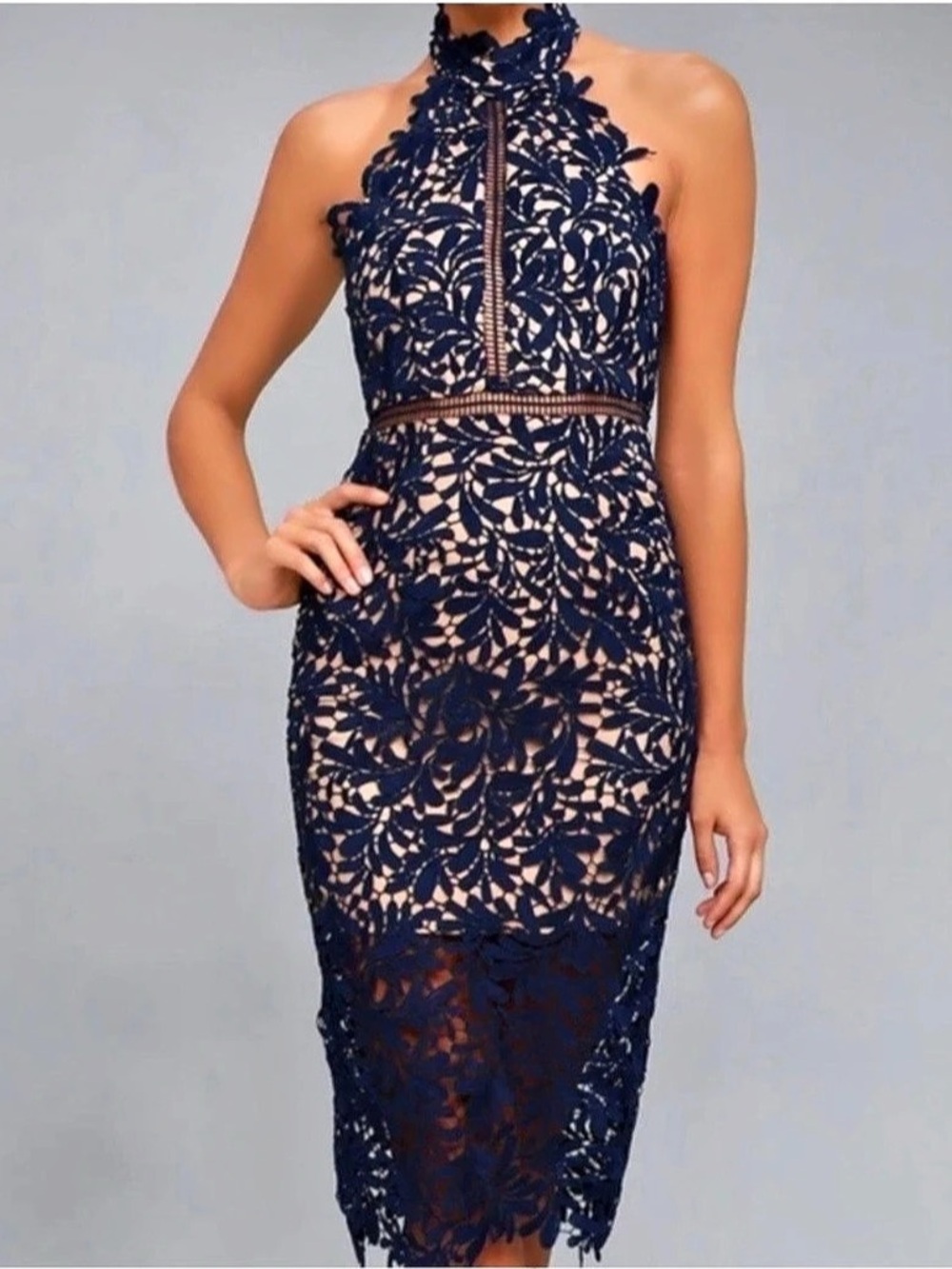 Lulus Celebrate Life Navy Blue Lace Halter Midi Dress